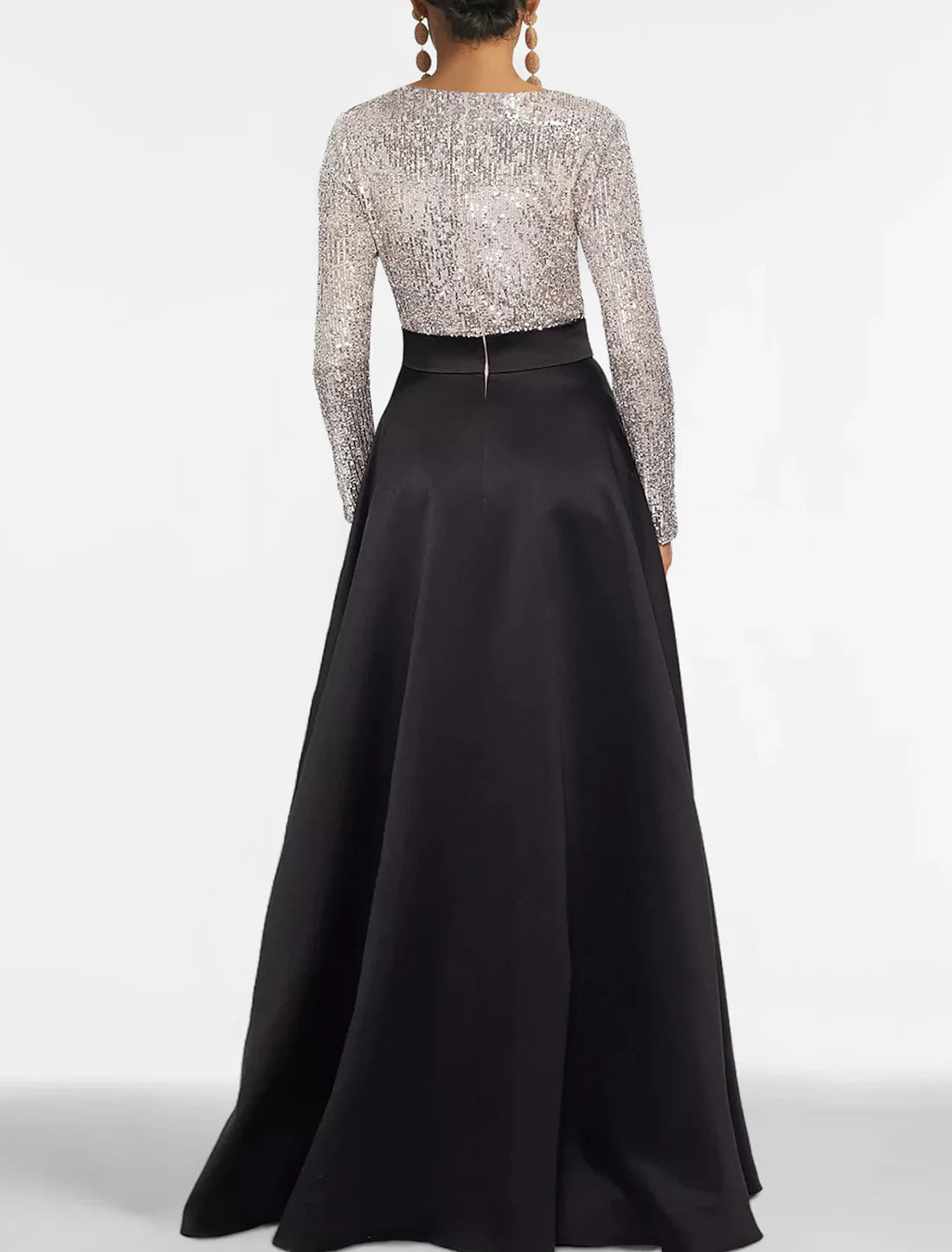 A-Line Evening Gown Elegant Dress Formal Floor Length Long Sleeve V Neck Fall Wedding Guest Satin with Sequin Pocket Sparkly