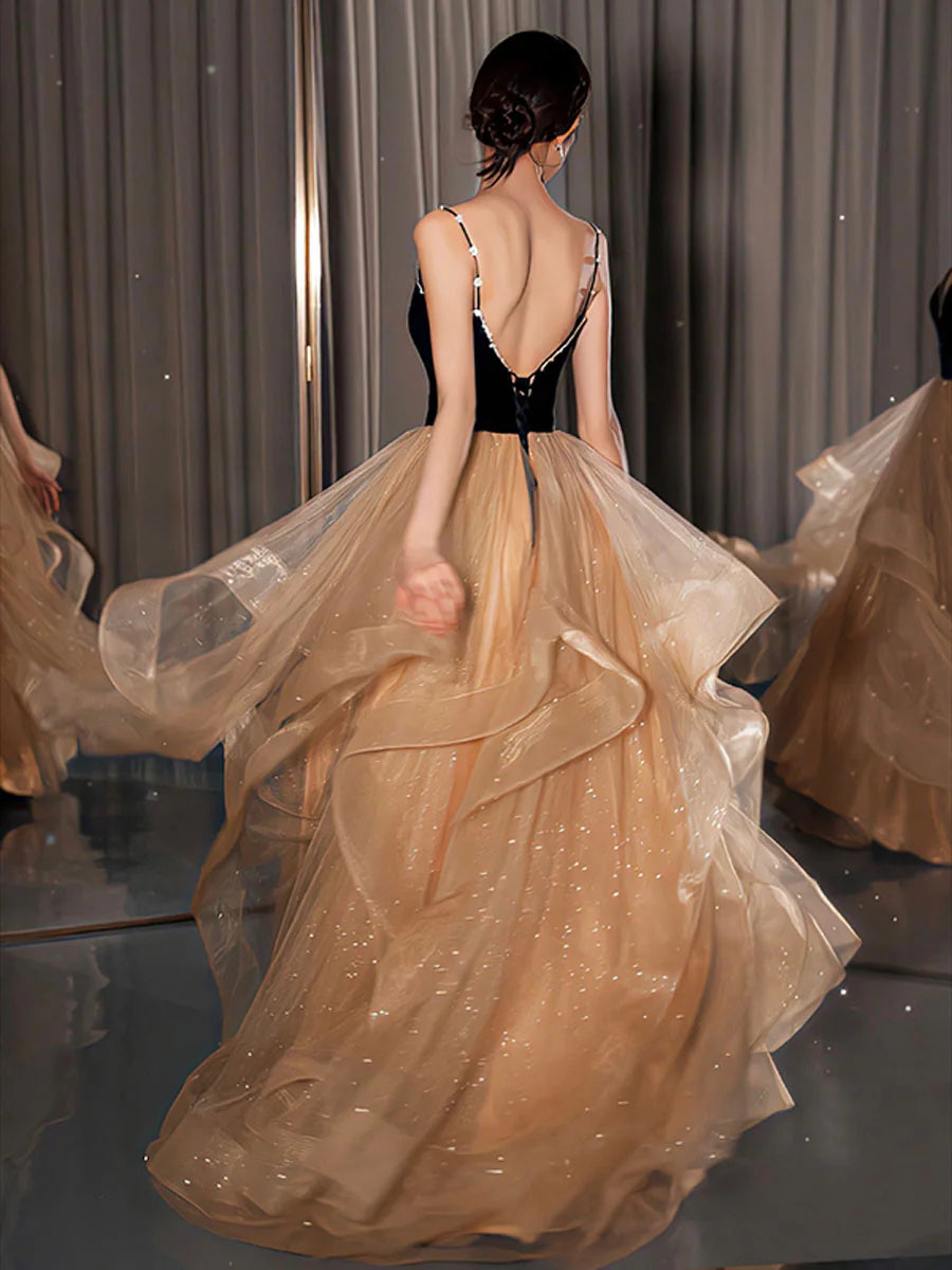 Champagne v neck tulle long prom dress formal graduation dress Sparkly Evening Dress