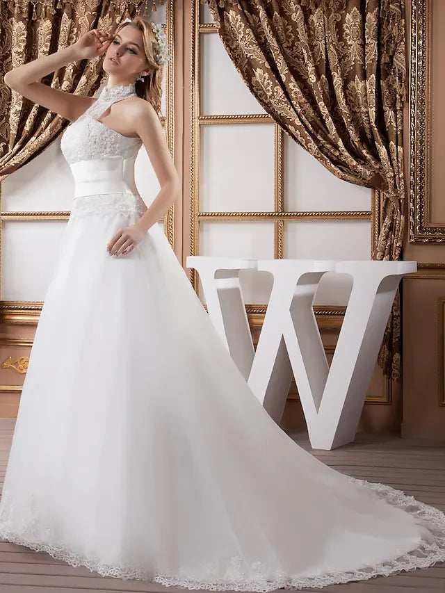 A-Line Wedding Dresses High Neck Court Train Lace Satin Tulle Regular Straps with Ruched Beading Appliques