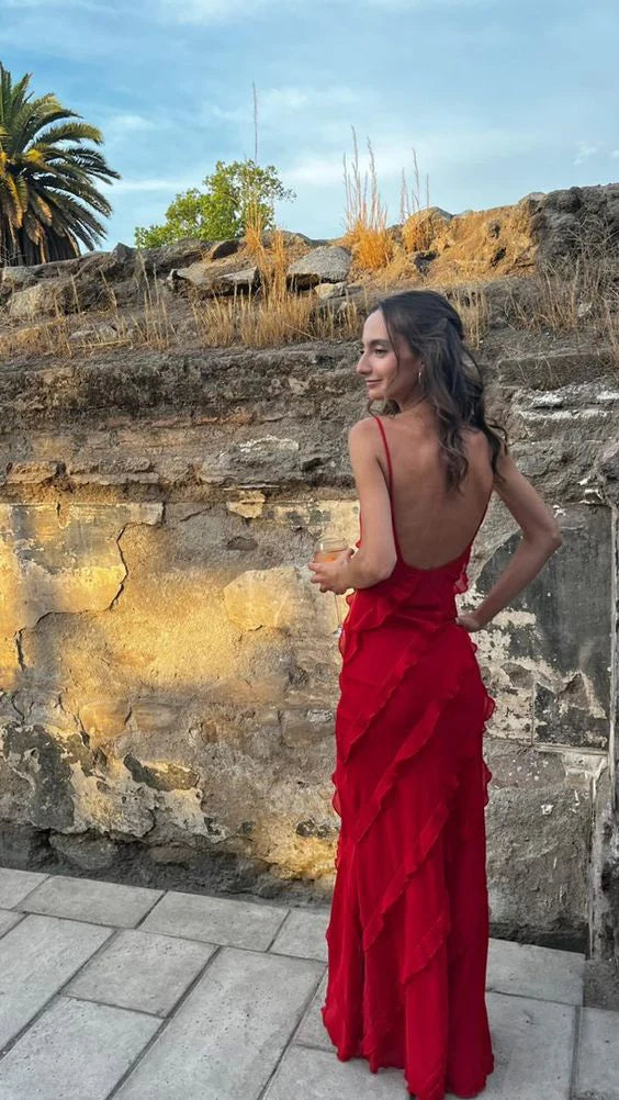 Red Backless Long Prom Dress With Ruffle Formal Dress Charming Evening Party Dress