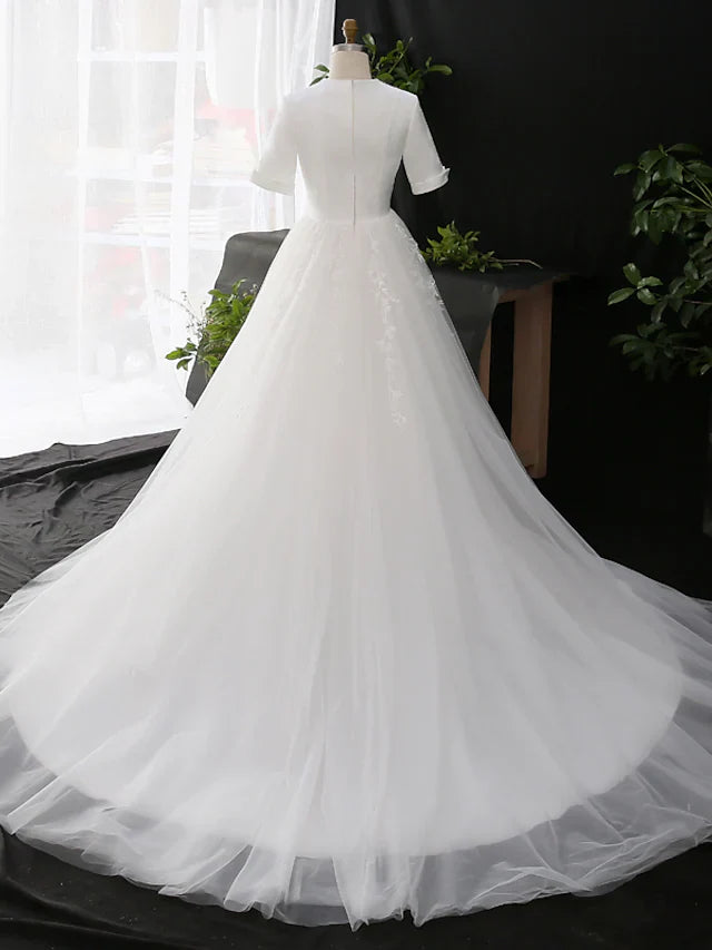 A-Line Wedding Dresses V Neck Court Train Satin Tulle Half Sleeve Simple Elegant with Appliques