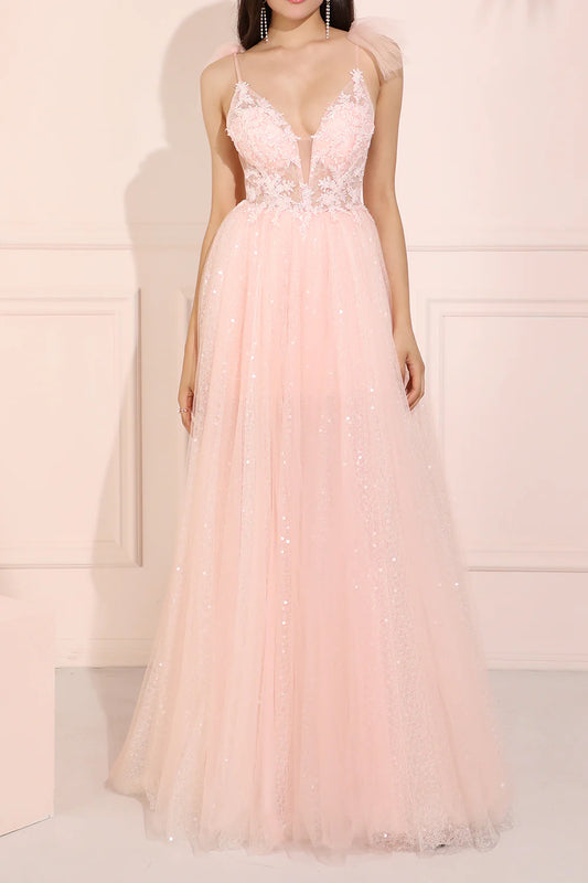 Sleek Glitter Sparking Spaghetti Straps Tulle Prom Dress