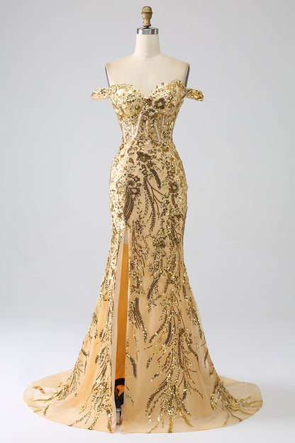 Sparkly Mermaid Off The Shoulder Champagne Corset Prom Dress with Slit Beautiful