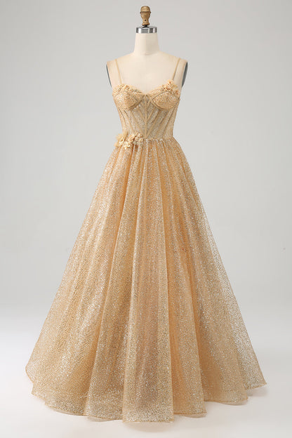 Glitter Golden Corset Long Prom Dress with Flowers Sparkly