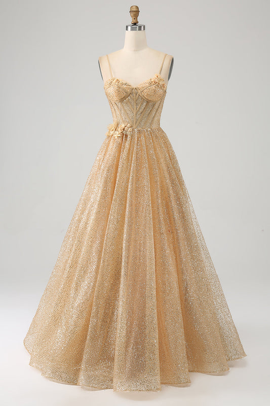 Glitter Golden Corset Long Prom Dress with Flowers Sparkly