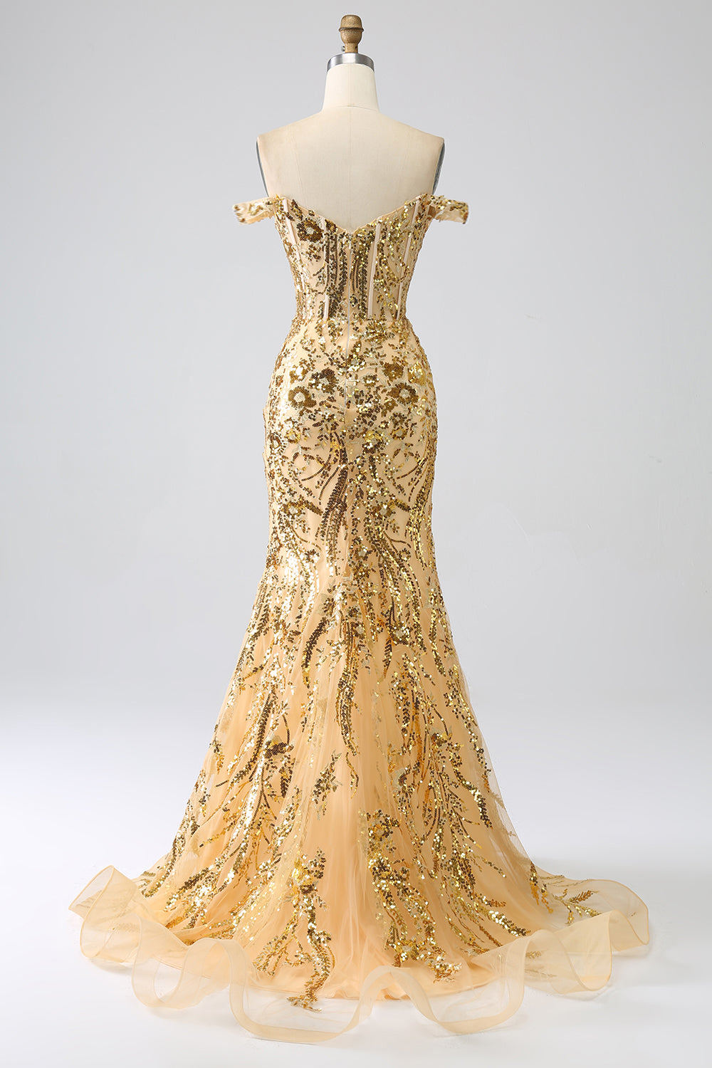 Sparkly Mermaid Off The Shoulder Champagne Corset Prom Dress with Slit Beautiful