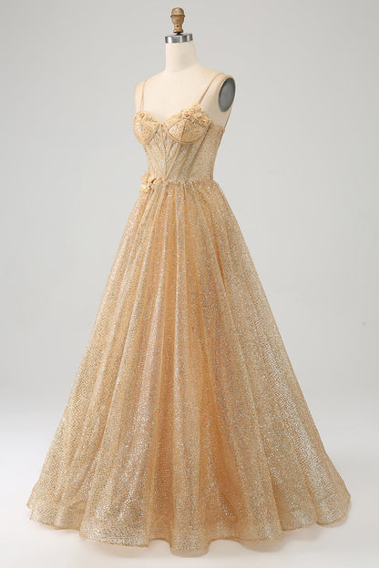 Glitter Golden Corset Long Prom Dress with Flowers Sparkly