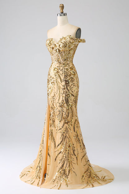 Sparkly Mermaid Off The Shoulder Champagne Corset Prom Dress with Slit Beautiful