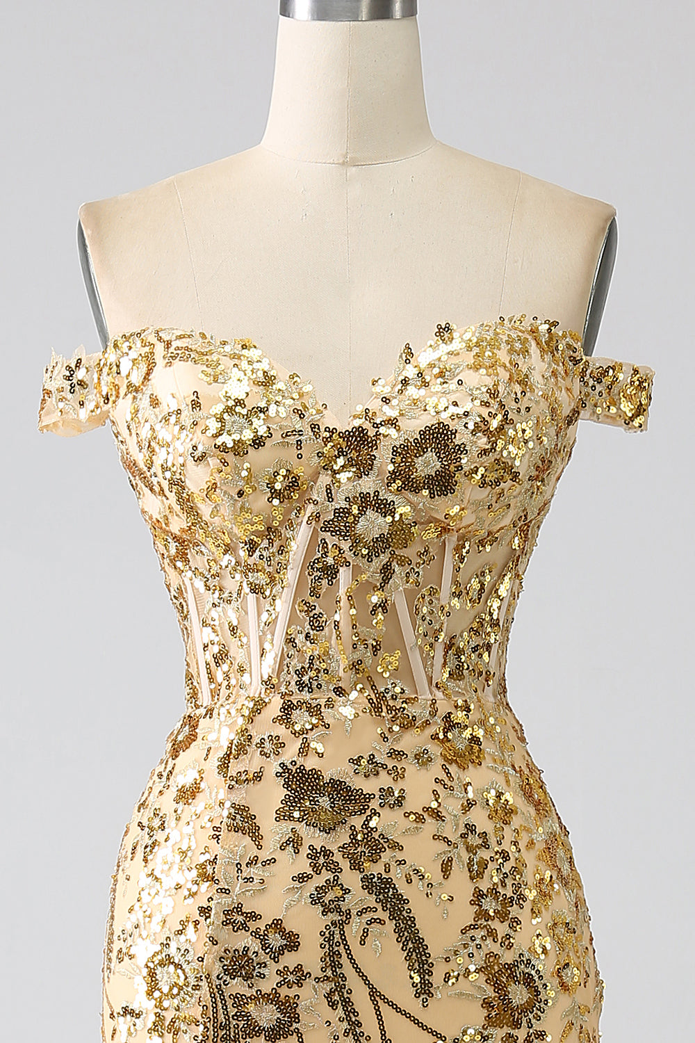 Sparkly Mermaid Off The Shoulder Champagne Corset Prom Dress with Slit Beautiful