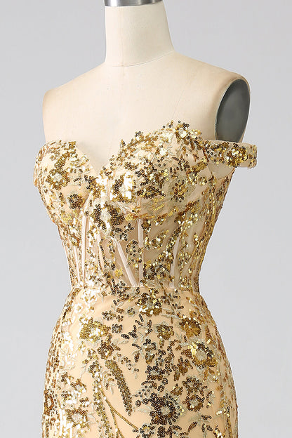Sparkly Mermaid Off The Shoulder Champagne Corset Prom Dress with Slit Beautiful
