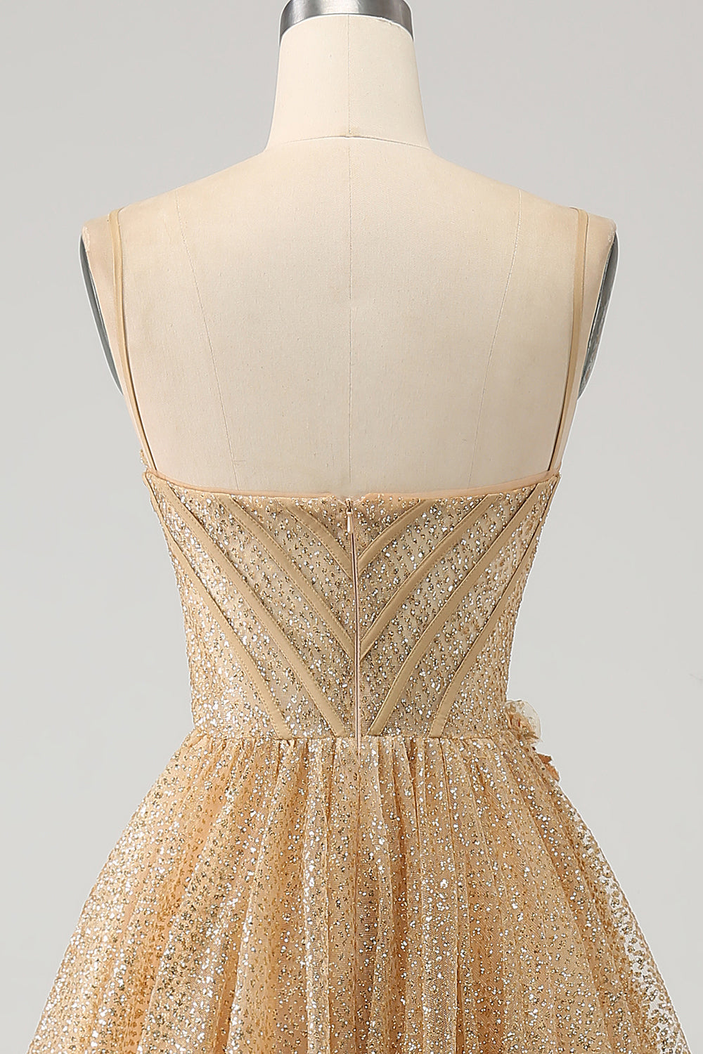 Glitter Golden Corset Long Prom Dress with Flowers Sparkly