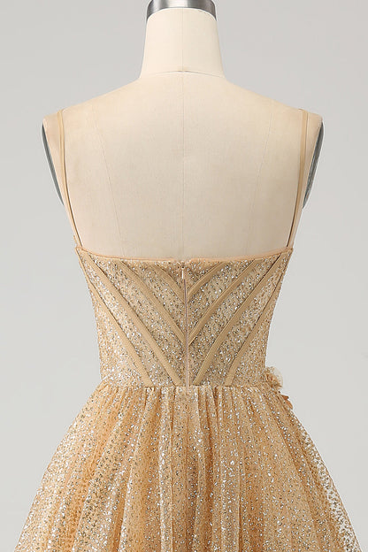 Glitter Golden Corset Long Prom Dress with Flowers Sparkly