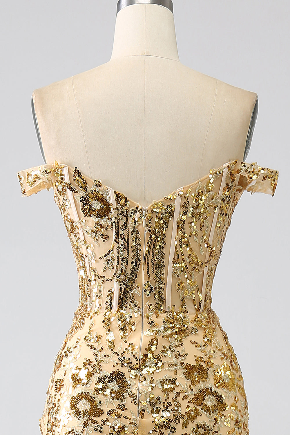 Sparkly Mermaid Off The Shoulder Champagne Corset Prom Dress with Slit Beautiful