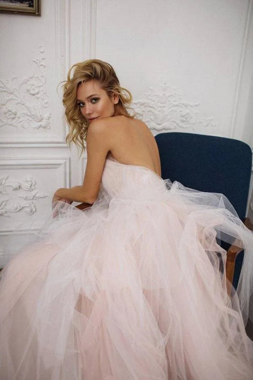 Strapless Sweetheart Backless A Line Strapless Tulle Long Wedding Dresses Off Shoulder