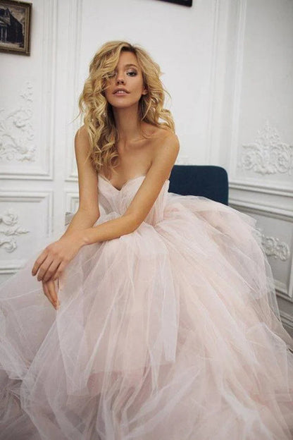 Strapless Sweetheart Backless A Line Strapless Tulle Long Wedding Dresses Off Shoulder