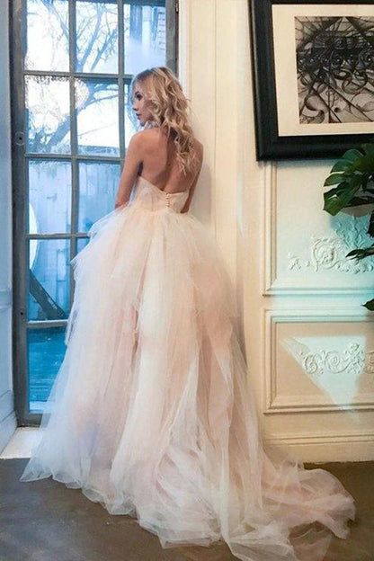 Strapless Sweetheart Backless A Line Strapless Tulle Long Wedding Dresses Off Shoulder