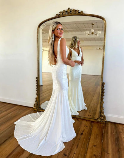 Sheath  Mermaid Sweep/Brush Train Dresses Deep V-Neck Court Train Prom Party Dress With Sequins