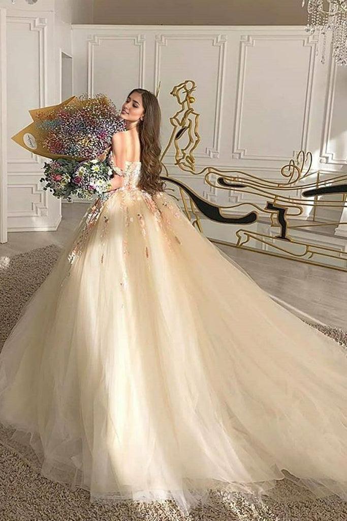 A-Line Sweep/Brush Train Dresses Gorgeous Dress Off Shoulder Champagne Lace Floral Prom Dress Formal Dress
