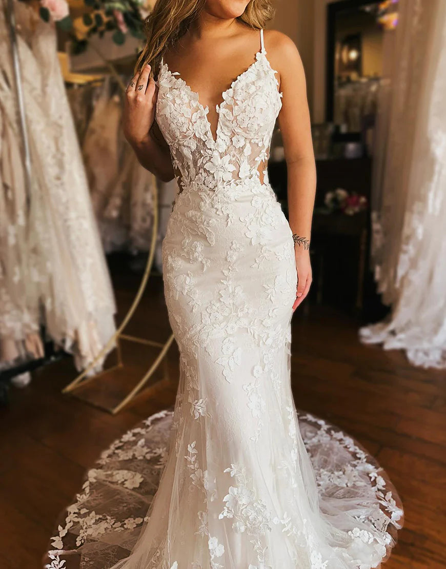 Gorgeous Mermaid Sleeveless Long Wedding Dress with Appliques Charming Bridal Gown