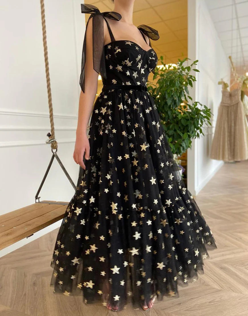 Spaghetti Straps Ankle-Length  Tulle Long Black Prom Dress with Stars