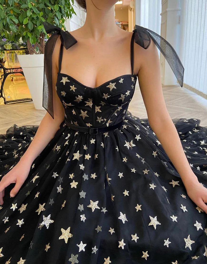 Spaghetti Straps Ankle-Length  Tulle Long Black Prom Dress with Stars