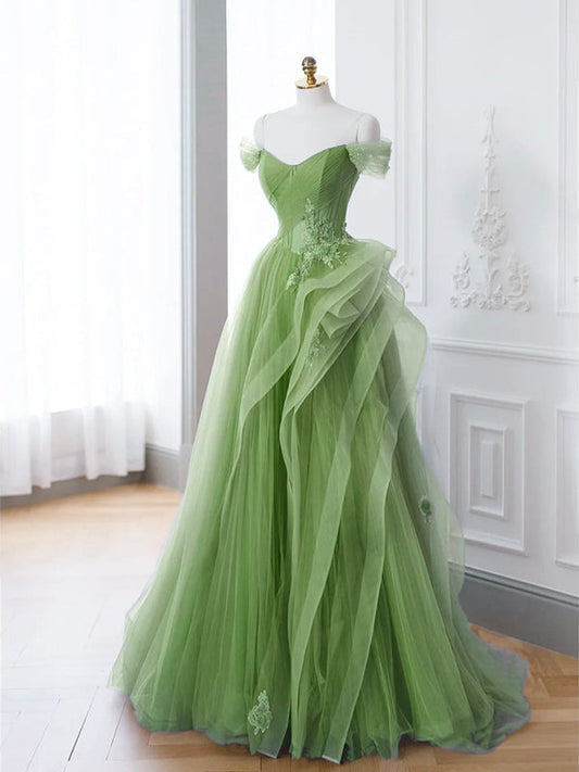 Green A-Line Off Shoulder Long Prom Dress Lace Long Evening Dress Beautiful