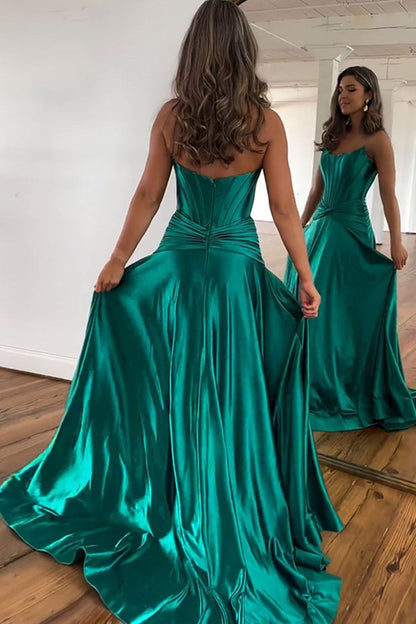 Green A-Line Strapless Zipper Back Long Satin Prom Dress With Split Sexy Evening Dress