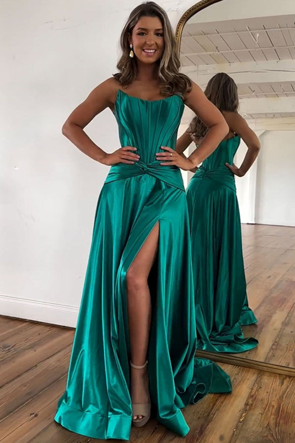 Green A-Line Strapless Zipper Back Long Satin Prom Dress With Split Sexy Evening Dress