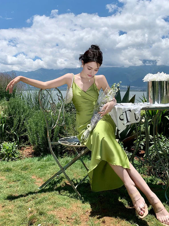 Green Spaghetti Straps V-neck Long Prom Dress With Slit Charming Evening Party Dress Simple Women's Dresses