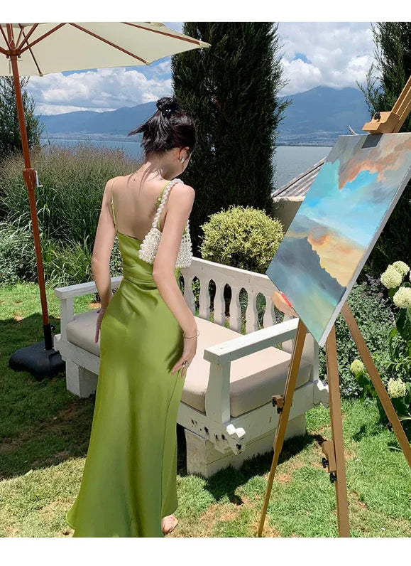 Green Spaghetti Straps V-neck Long Prom Dress With Slit Charming Evening Party Dress Simple Women's Dresses