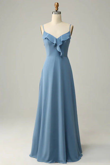 A Line thin shoulder strap gray blue ruffle edge long bridesmaid dress Solid Color