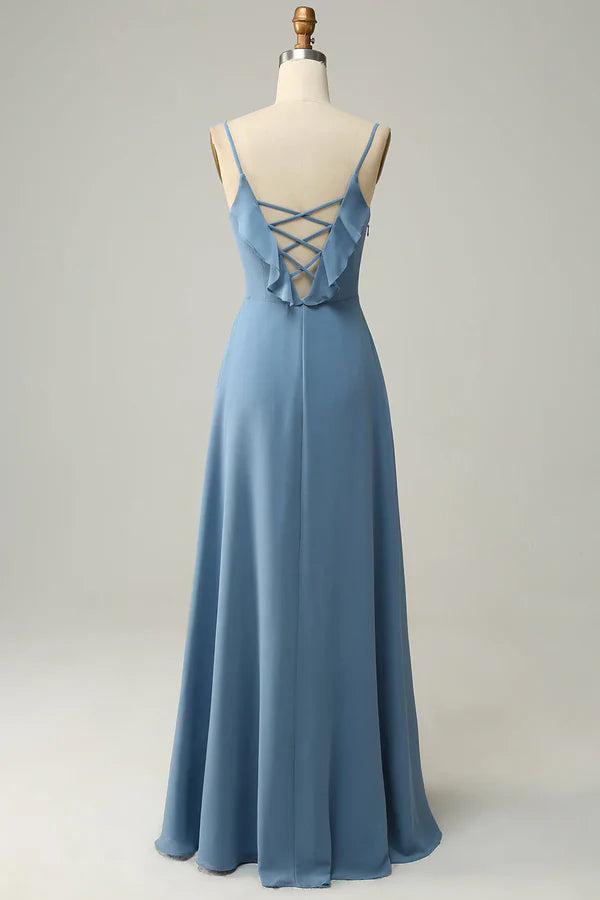 A Line thin shoulder strap gray blue ruffle edge long bridesmaid dress Solid Color