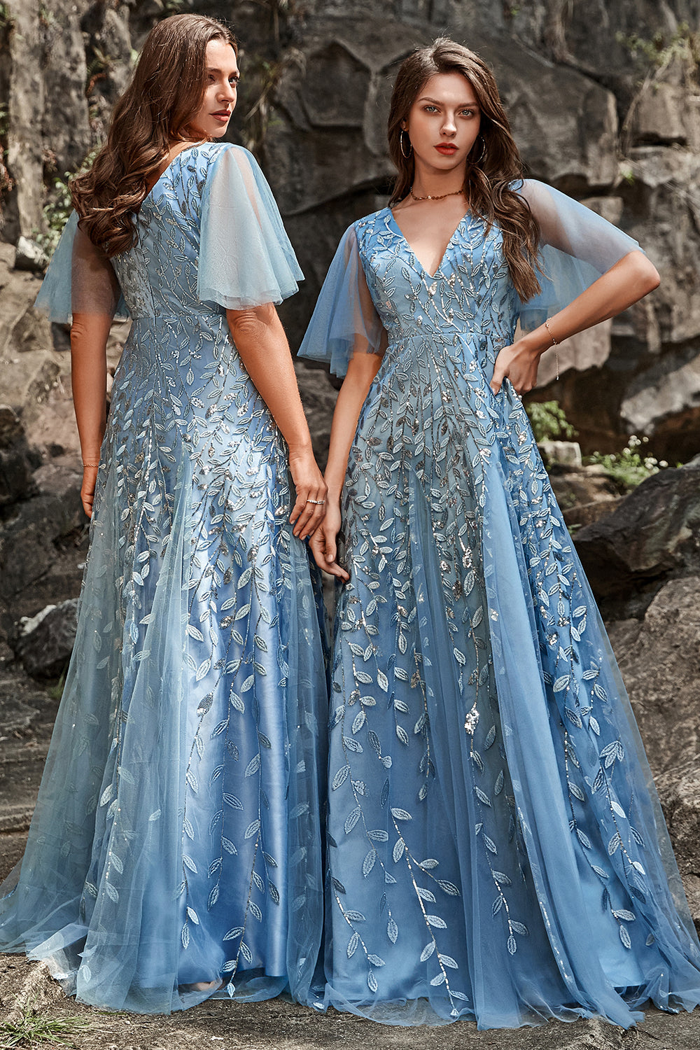 A Line Tulle Prom Dress With Lace Appliques V-neck Floor Length Beautiful