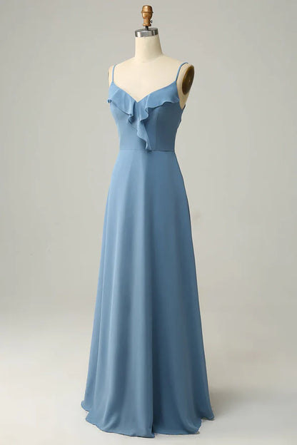 A Line thin shoulder strap gray blue ruffle edge long bridesmaid dress Solid Color