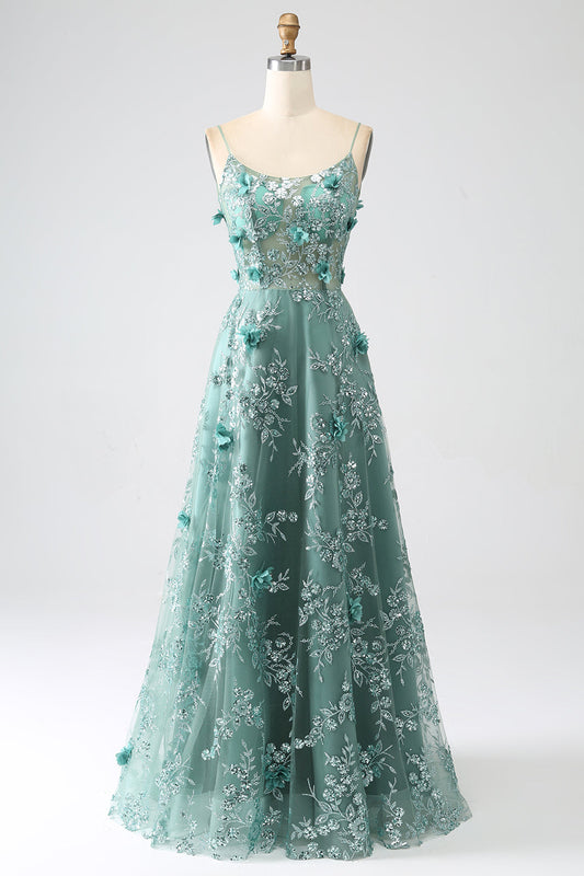 Glitter Grey Green Lace Flower Long Corset Prom Dress Beautiful