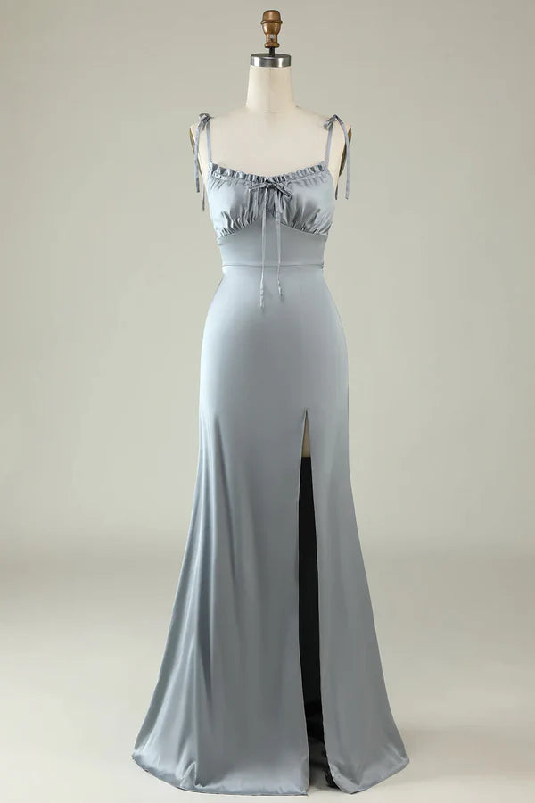 Fine shoulder strap satin gray slit bridesmaid dress Solid Color Floor Length