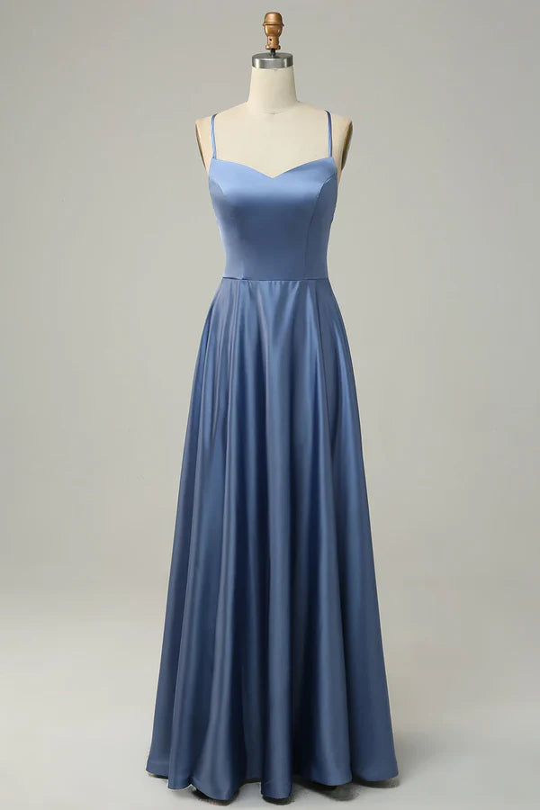 Grey blue neckline A-line long bridesmaid dress Solid Color