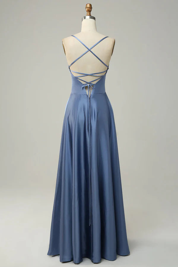 Grey blue neckline A-line long bridesmaid dress Solid Color