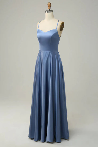 Grey blue neckline A-line long bridesmaid dress Solid Color