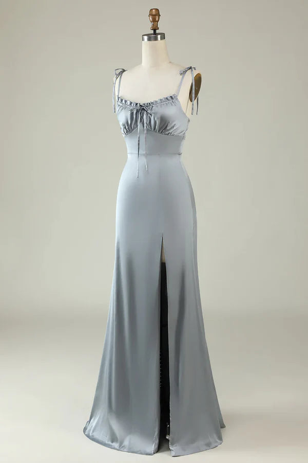 Fine shoulder strap satin gray slit bridesmaid dress Solid Color Floor Length