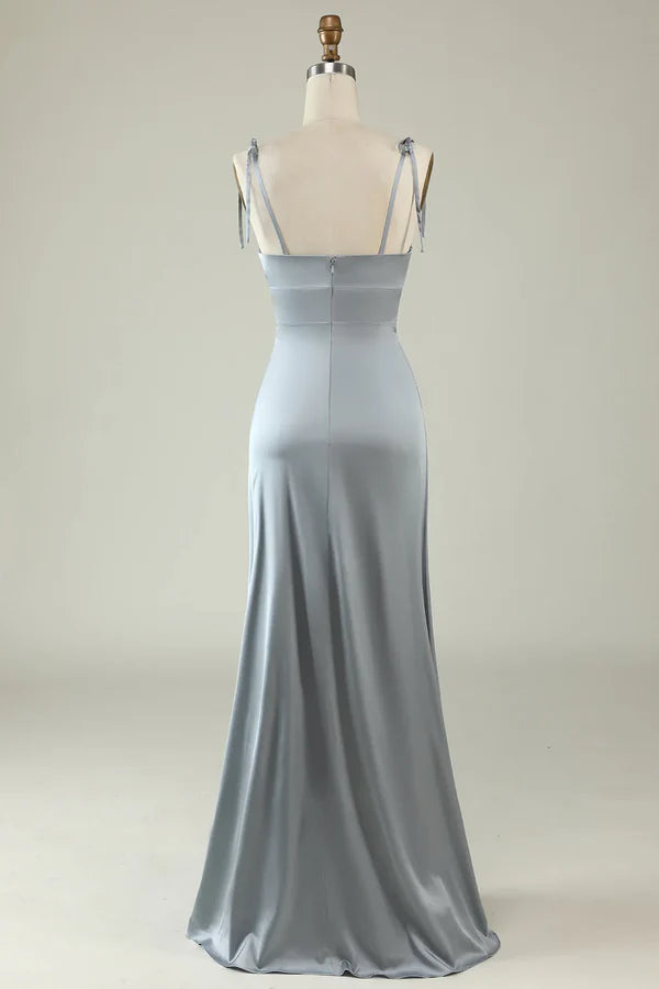 Fine shoulder strap satin gray slit bridesmaid dress Solid Color Floor Length