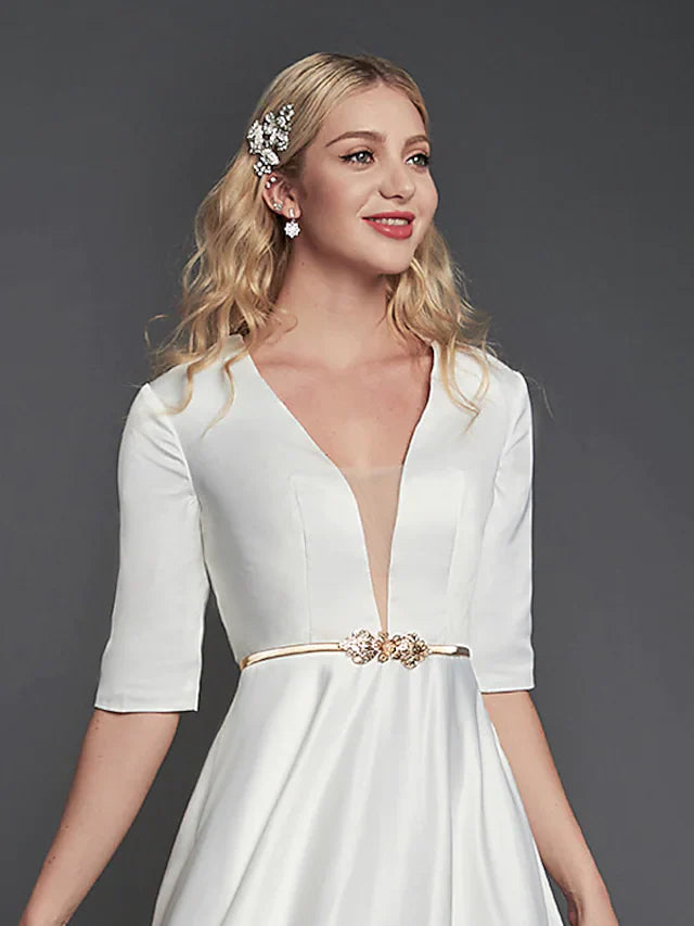 A-Line Minimalist Elegant Homecoming Cocktail Party Dress V Neck Half Sleeve Tea Length Satin with Ribbon Pleats