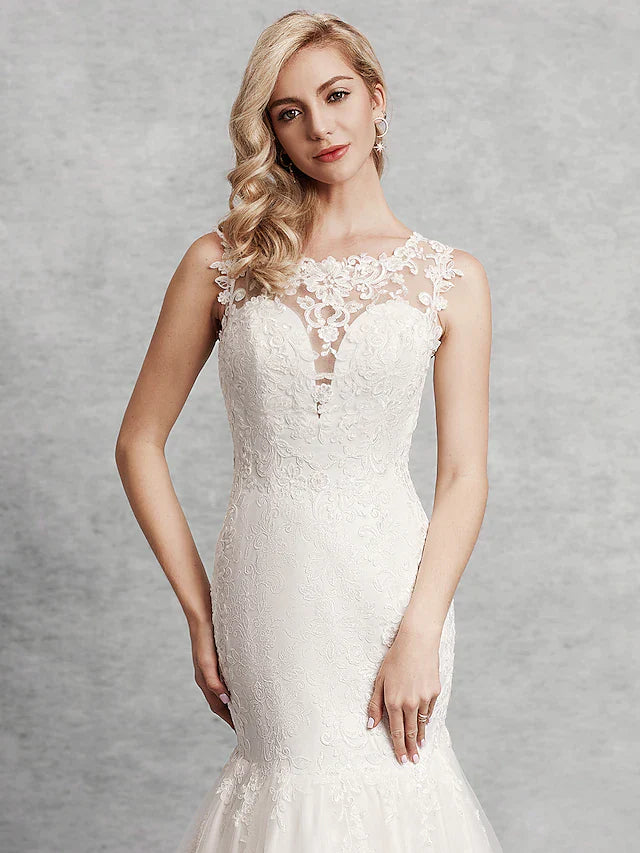 Wedding Dresses Scoop Neck Court Train Lace Satin Tulle Regular Straps Beautiful Back with Lace Appliques