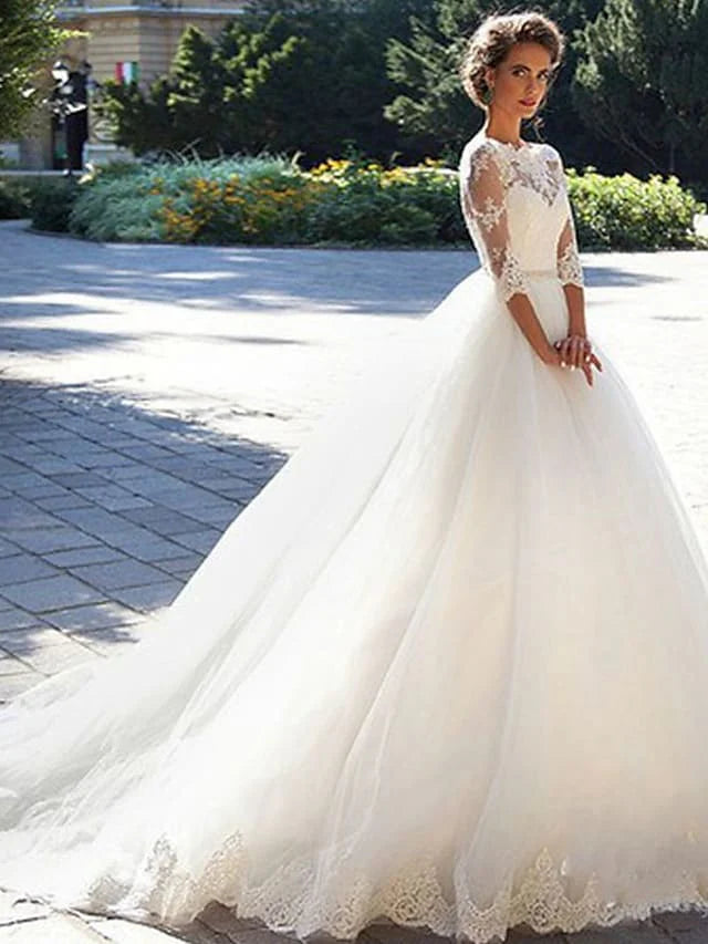 A-Line Wedding Dresses Off Shoulder Court Train Lace Tulle Length Sleeve Formal Sexy Illusion Sleeve with Appliques