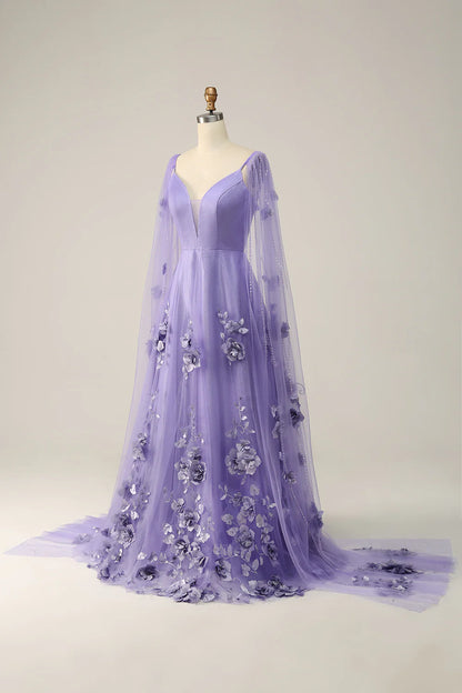 Tulle Low V Neck Sweep/Brush Train Prom Dresses Dress With 3D Flowers Beautiful