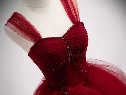 Simple burgundy tulle sequin long prom dress evening dress A Line Formal Dress december wedding guest dress