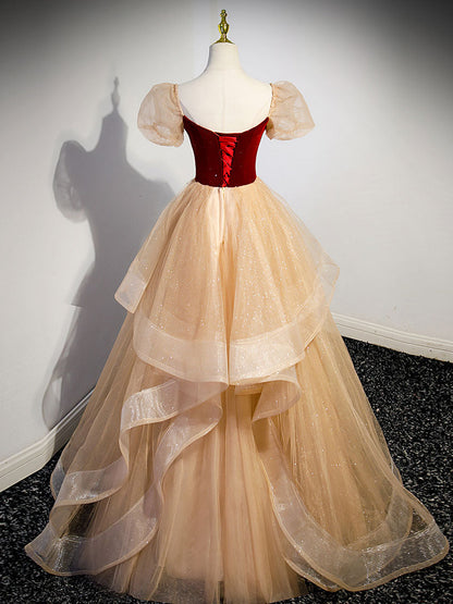 A-Line Champagne Long Prom Dresses Tulle Formal Dresses Short Sleeves Elegant Evening Dress