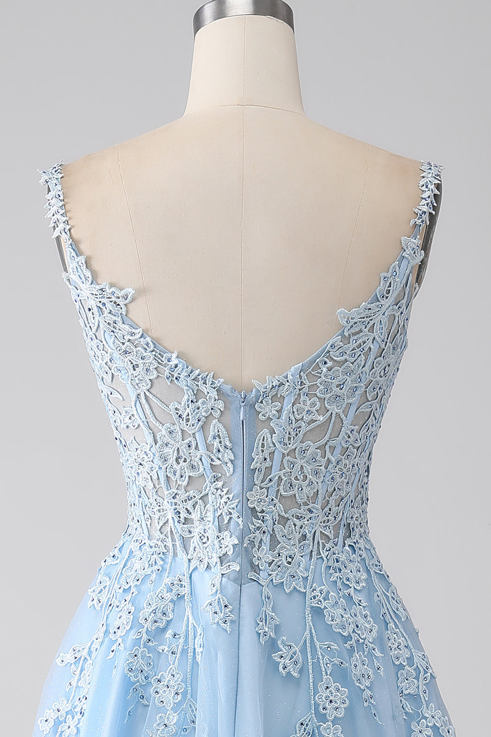 A-Line Light Blue Corset Prom Dress with Appliques Floor Length Beautiful