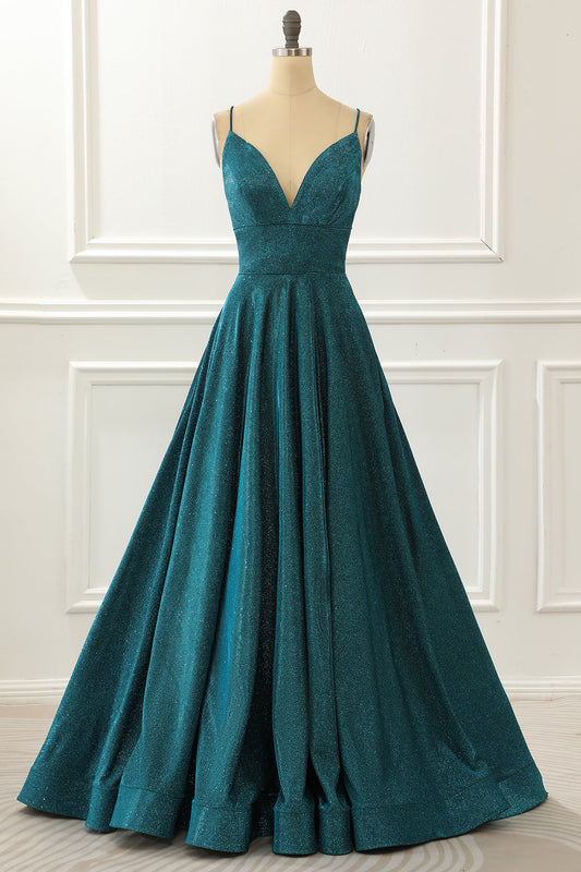 Spaghetti Straps Blue Long Sparkly Prom Dress V-neck Sexy Beautiful