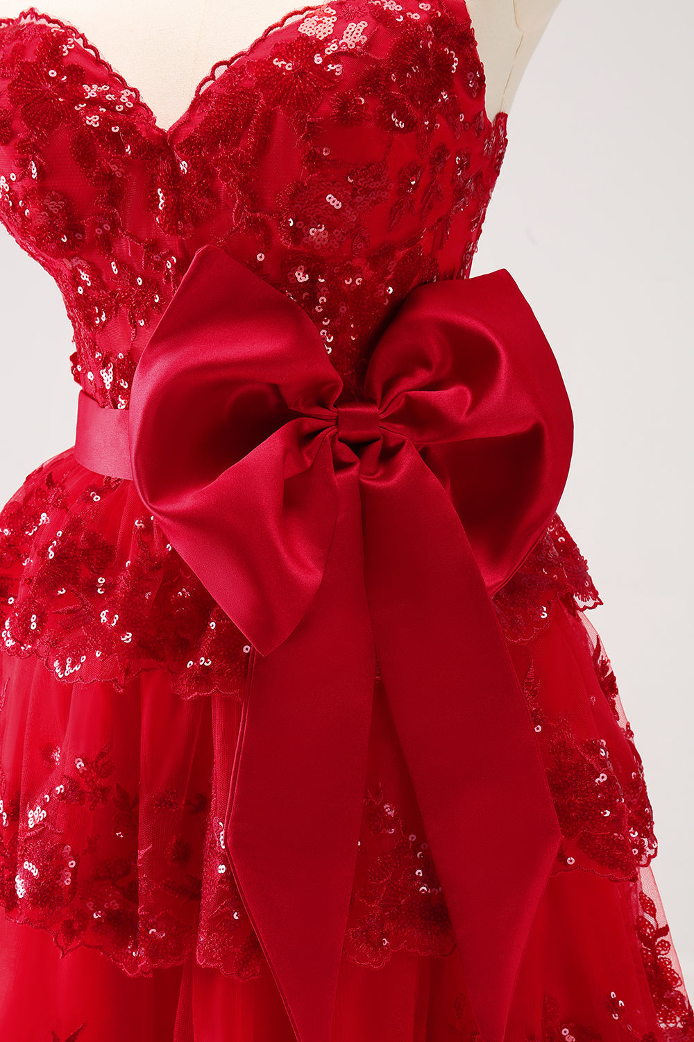 Sparkly Red A Line Sweetheart Corset Tiered Ruffle Homecoming Dress with Bows Off Shoulder